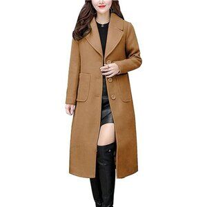 Women's Big Notch Lapel Single Breasted Mid-Long Wool Blend Coat, Camel